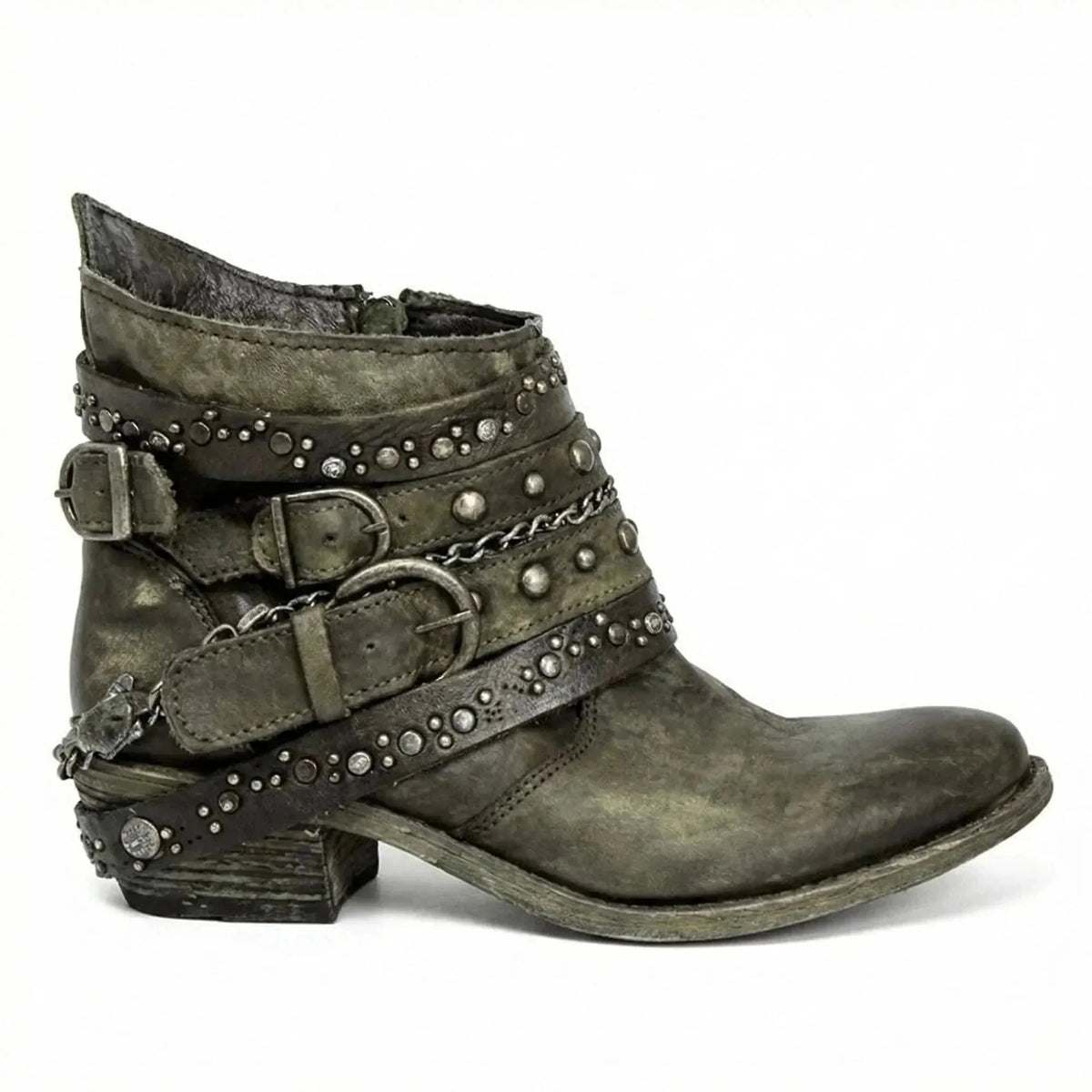 Green Women's Vintage Boots with Studded Straps & Buckle Detail — Selma - Side Profile D