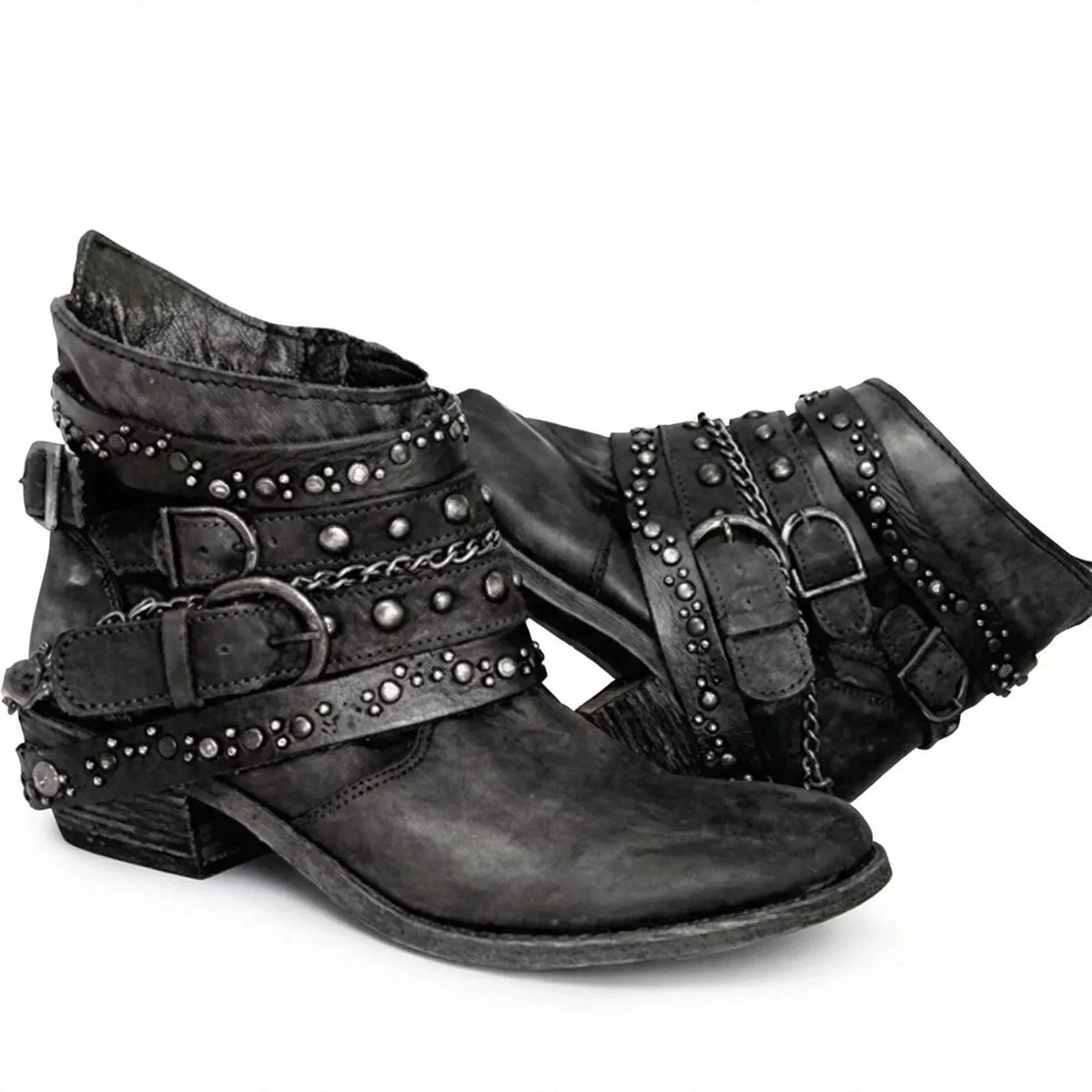 Women's Vintage Boots with Studded Straps & Buckle Detail — Selma