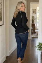 Women's Waffle Knit Henley Top with Contrast Stitch Detail - Back Pose