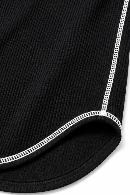 Women's Waffle Knit Henley Top with Contrast Stitch Detail - Close Up Hem