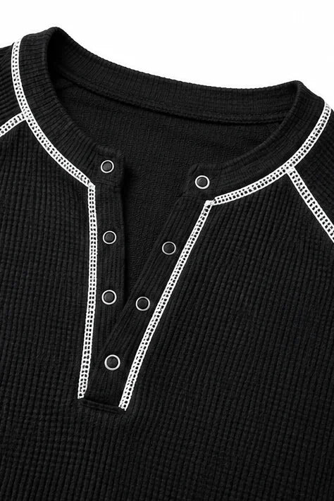 Women's Waffle Knit Henley Top with Contrast Stitch Detail - Close Up Neckline