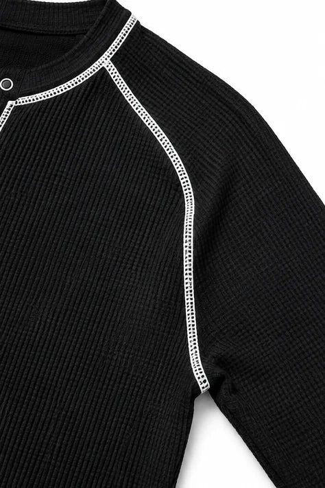 Women's Waffle Knit Henley Top with Contrast Stitch Detail - Close Up Shoulder