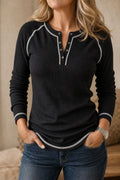 Women's Waffle Knit Henley Top with Contrast Stitch Detail — Josephine