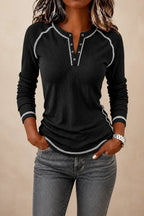 Black Women's Waffle Knit Henley Top with Contrast Stitch Detail — Josephine