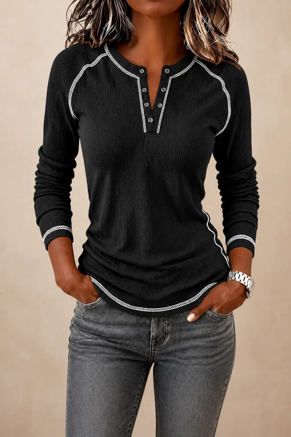 Black Women's Waffle Knit Henley Top with Contrast Stitch Detail — Josephine