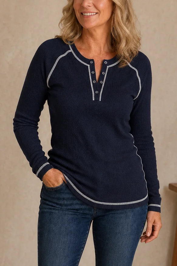 Navy Women's Waffle Knit Henley Top with Contrast Stitch Detail — Josephine