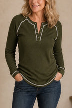Olive Green Women's Waffle Knit Henley Top with Contrast Stitch Detail — Josephine