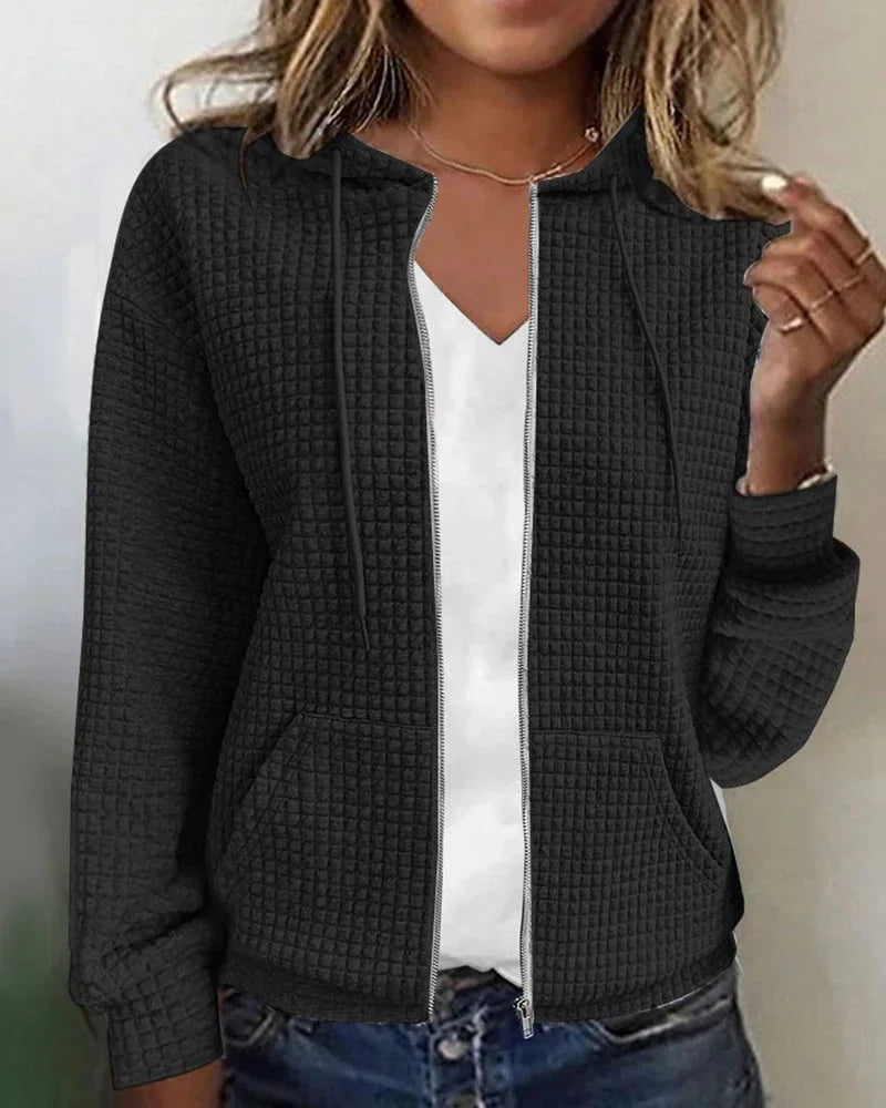 Black Women's Cotton Blend Jacket with Hooded Zip-Up Design & Relaxed Fit — Vanessa