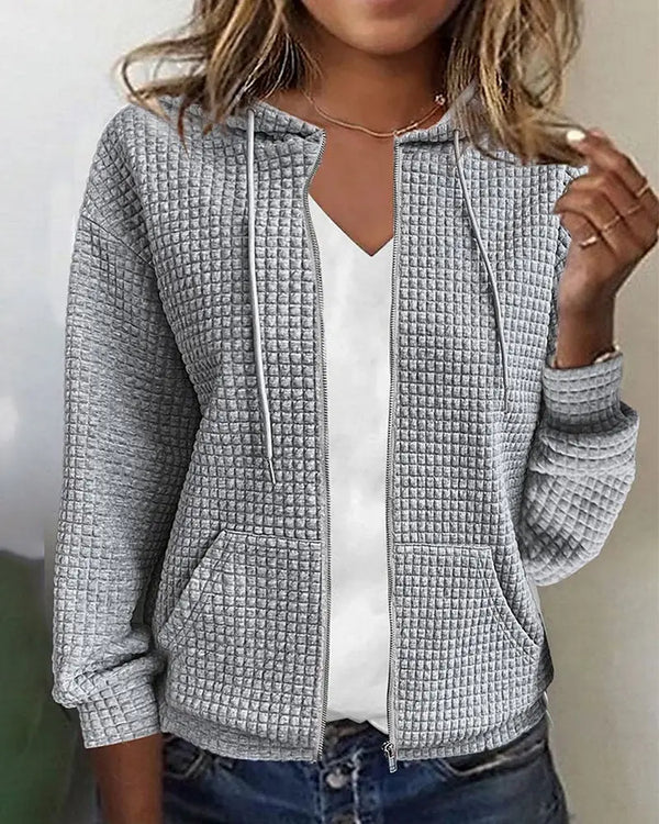 Gray Women's Cotton Blend Jacket with Hooded Zip-Up Design & Relaxed Fit — Vanessa