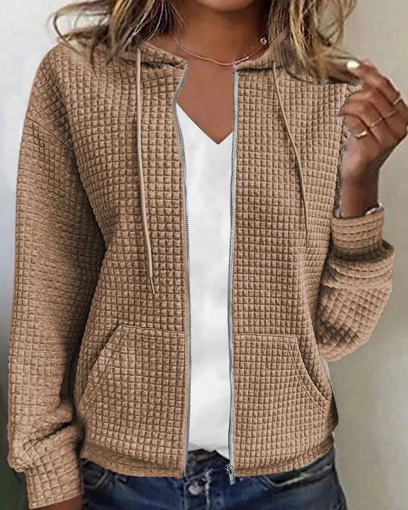 Khaki Women's Cotton Blend Jacket with Hooded Zip-Up Design & Relaxed Fit — Vanessa
