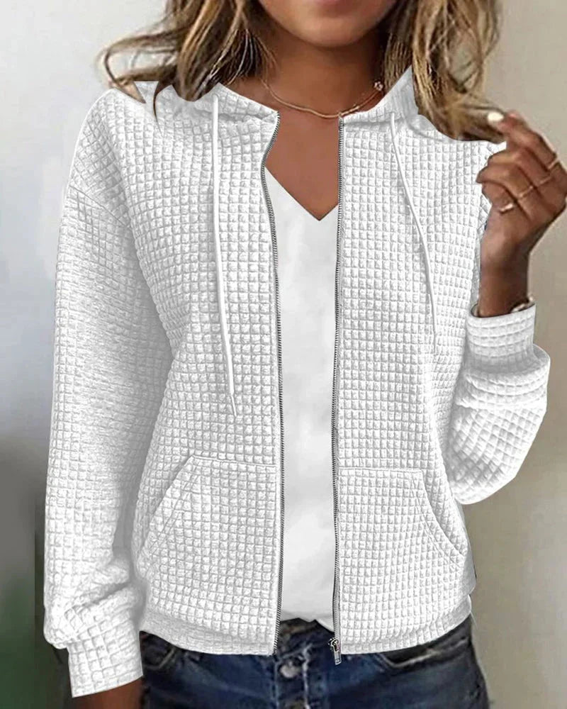 White Women's Cotton Blend Jacket with Hooded Zip-Up Design & Relaxed Fit — Vanessa