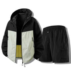 Black Men's Waterproof Jacket Set with Hooded Windbreaker & Cargo Shorts — Edith - Green Colorblock Front