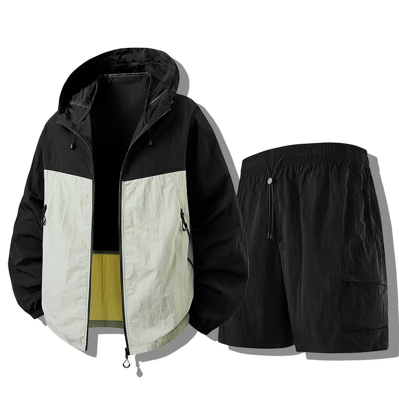 Black Men's Waterproof Jacket Set with Hooded Windbreaker & Cargo Shorts — Edith - Green Colorblock Front