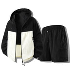Black White Men's Waterproof Jacket Set with Hooded Windbreaker & Cargo Shorts