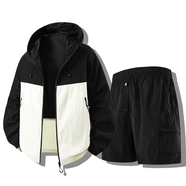 Men's Waterproof Jacket Set with Hooded Windbreaker & Cargo Shorts — Edith