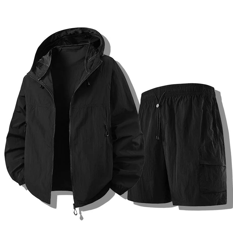 Black Men's Waterproof Jacket Set with Hooded Windbreaker & Cargo Shorts