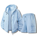 Blue Men's Waterproof Jacket Set with Hooded Windbreaker & Cargo Shorts