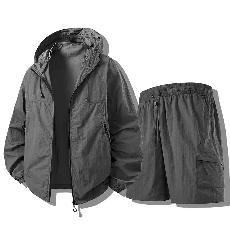 Cement gray Men's Waterproof Jacket Set with Hooded Windbreaker & Cargo Shorts