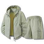 Coriander green Men's Waterproof Jacket Set with Hooded Windbreaker & Cargo Shorts