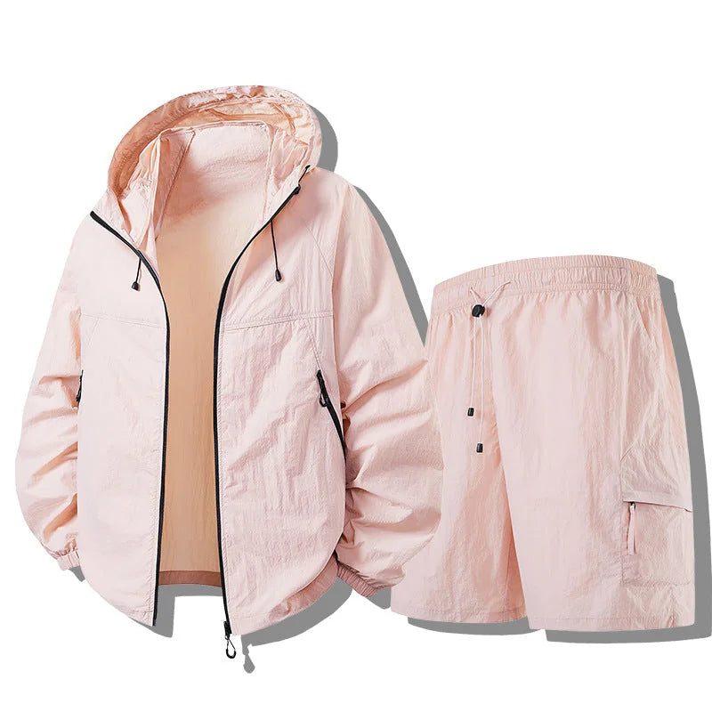 Ice Rose Men's Waterproof Jacket Set with Hooded Windbreaker & Cargo Shorts - Studio Flat