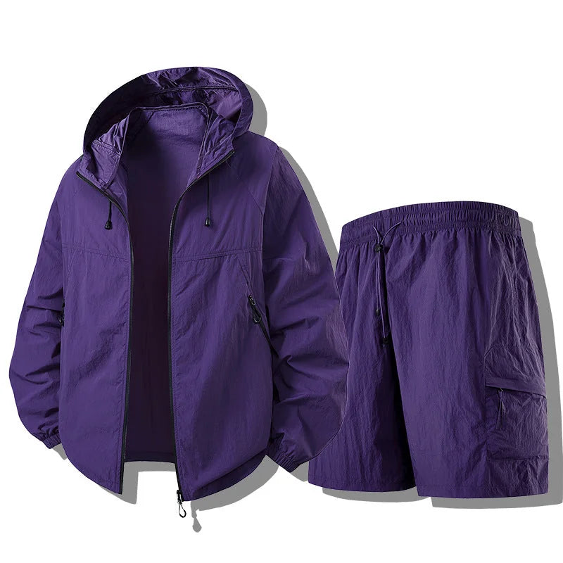 Lilac Men's Waterproof Jacket Set with Hooded Windbreaker & Cargo Shorts