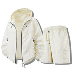 White Men's Waterproof Jacket Set with Hooded Windbreaker & Cargo Shorts — Edith