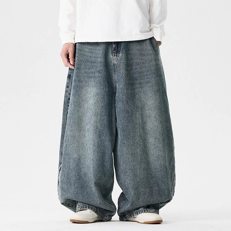 Dark Blue Men's Baggy Jeans with Wide-Leg Silhouette & Relaxed Low-Crotch Fit — Edmund - Front Full