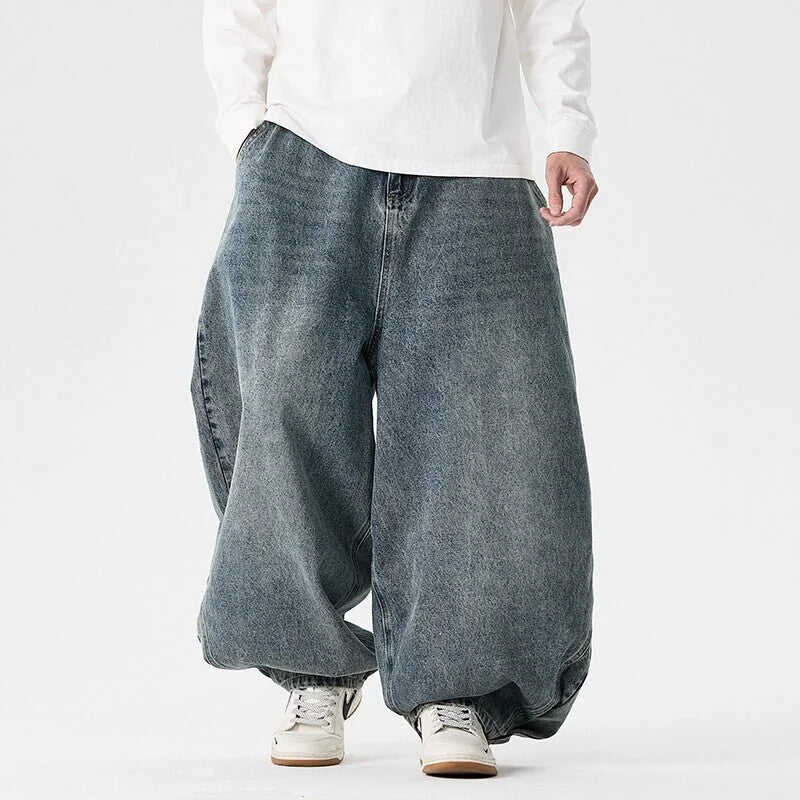Dark Blue Men's Baggy Jeans with Wide-Leg Silhouette & Relaxed Low-Crotch Fit — Edmund