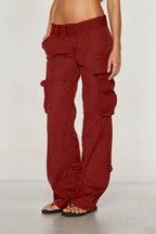 Burgundy Women's Wide-Leg Cargo Pants with Relaxed Fit & Multiple Pockets