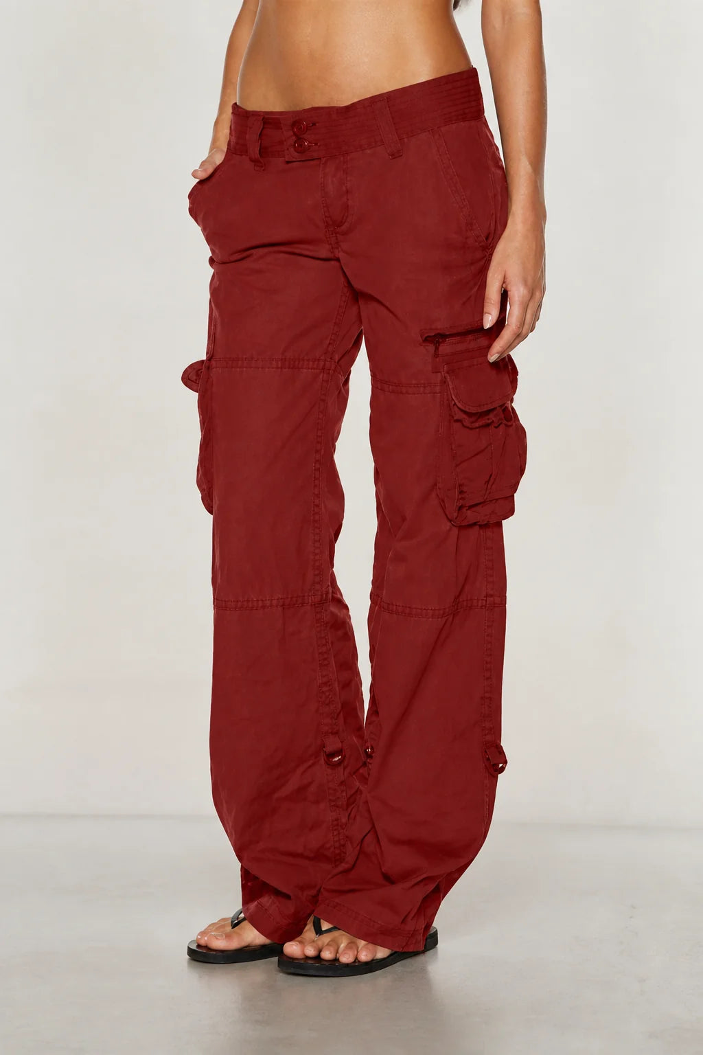 Burgundy Women's Wide-Leg Cargo Pants with Relaxed Fit & Multiple Pockets