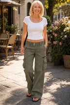 Women's Wide-Leg Cargo Pants with Relaxed Fit & Multiple Pockets - Front Full Smiling