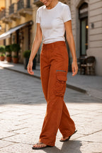 Orange Women's Wide-Leg Cargo Pants with Relaxed Fit & Multiple Pockets
