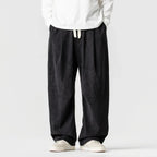 Black Men's Wide-Leg Corduroy Pants with Drawstring & Pleated Relaxed Fit