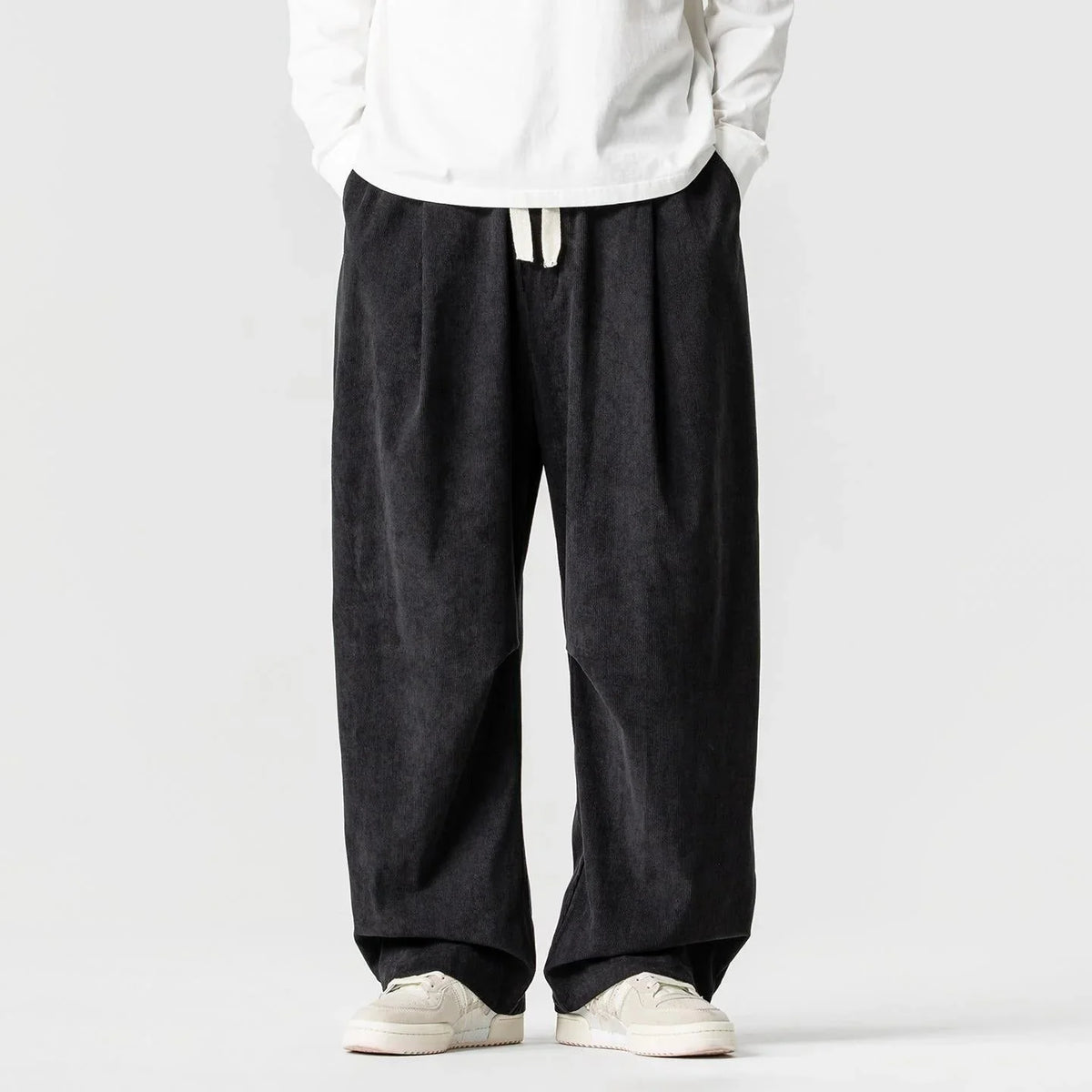 Black Men's Wide-Leg Corduroy Pants with Drawstring & Pleated Relaxed Fit