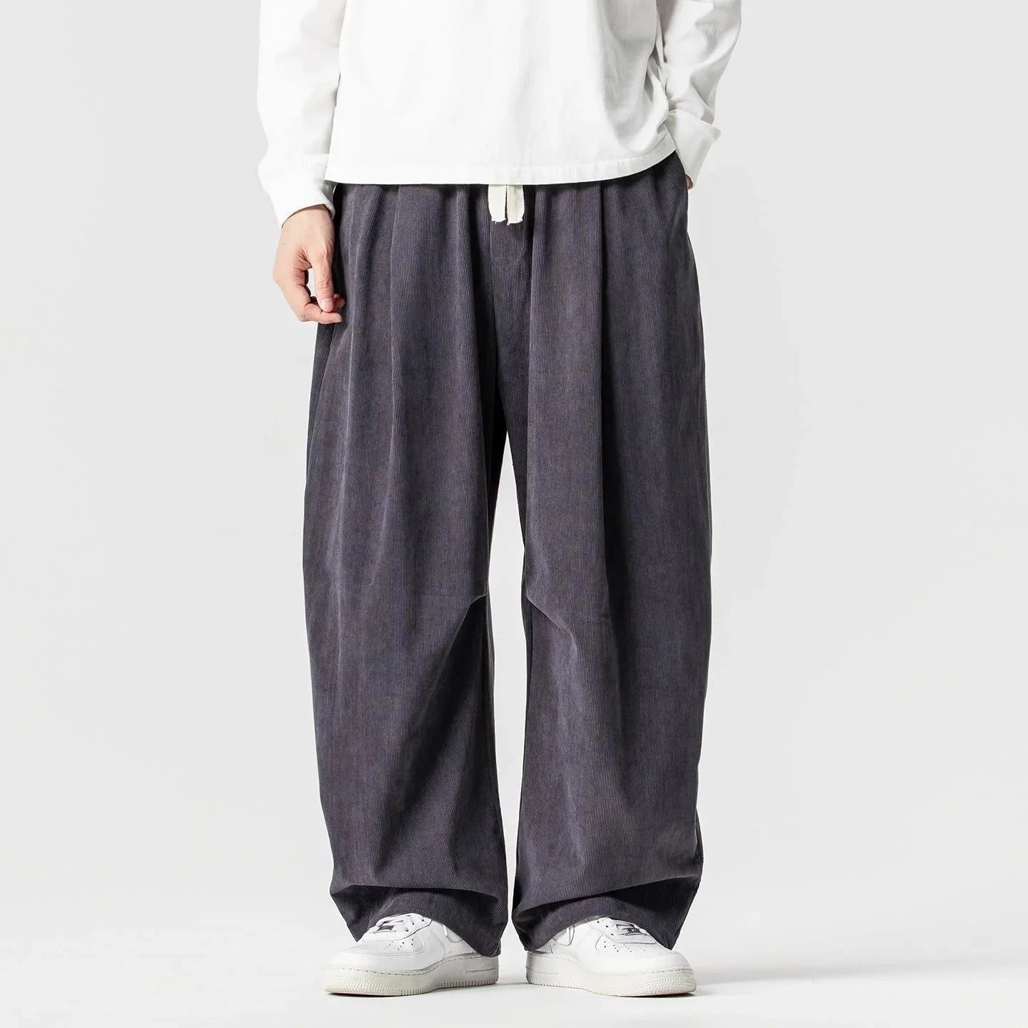 Dark Gray Men's Wide-Leg Corduroy Pants with Drawstring & Pleated Relaxed Fit — Beckett - Front Pose
