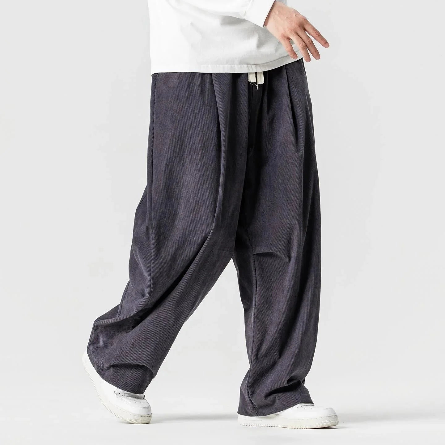 Dark Gray Men's Wide-Leg Corduroy Pants with Drawstring & Pleated Relaxed Fit