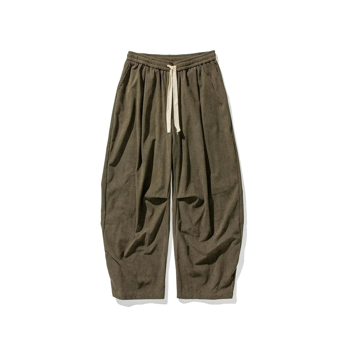 Military Green Men's Wide-Leg Corduroy Pants with Drawstring & Pleated Relaxed Fit — Beckett - Flat Lay