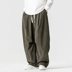 Military Green Men's Wide-Leg Corduroy Pants with Drawstring & Pleated Relaxed Fit