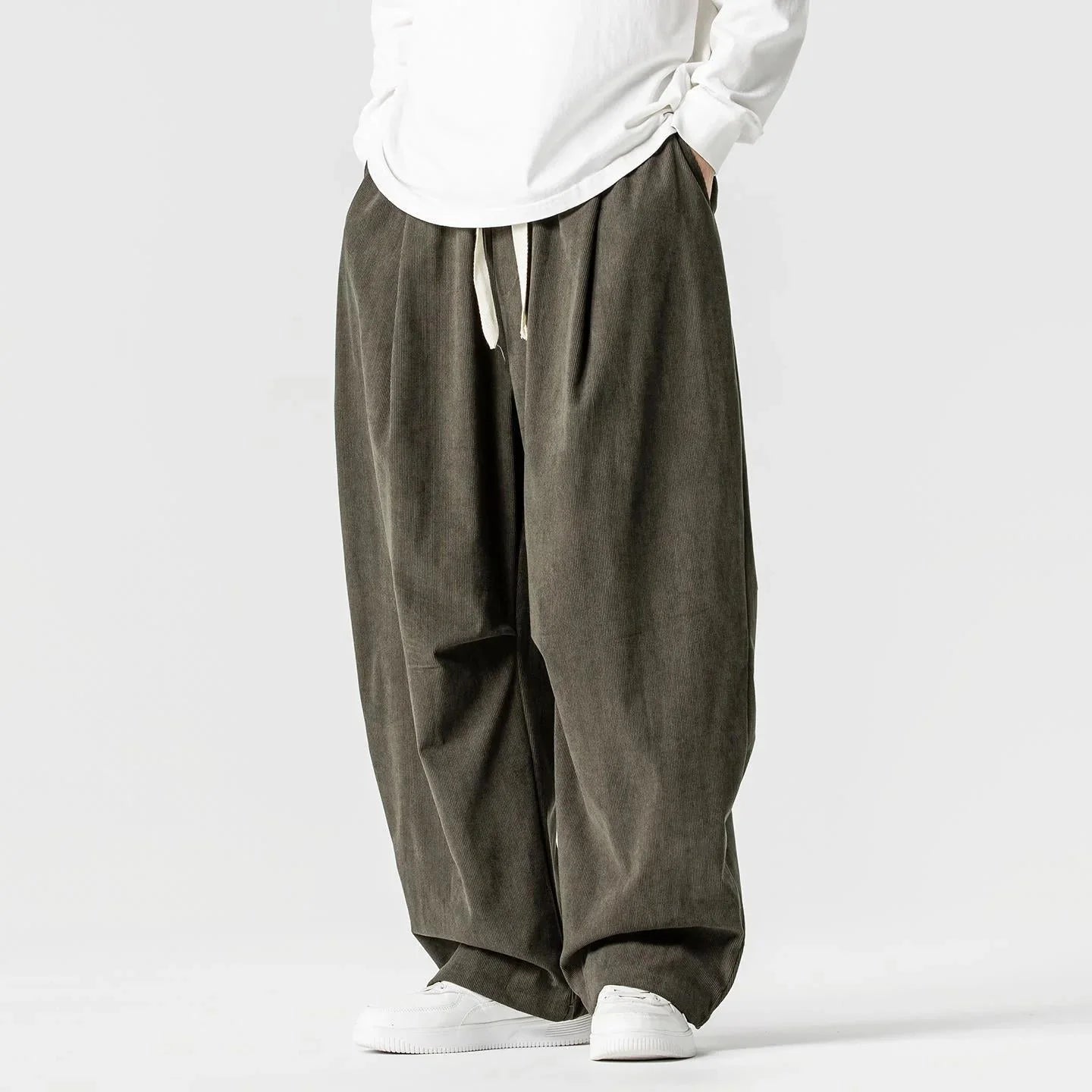 Military Green Men's Wide-Leg Corduroy Pants with Drawstring & Pleated Relaxed Fit