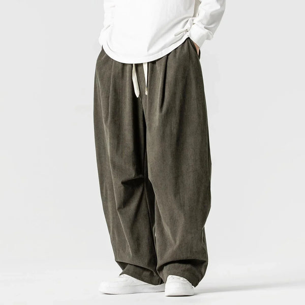 Men's Wide-Leg Corduroy Pants with Drawstring & Pleated Relaxed Fit — Beckett
