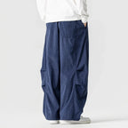Navy Blue Men's Wide-Leg Corduroy Pants with Drawstring & Pleated Relaxed Fit — Beckett - Back Detail