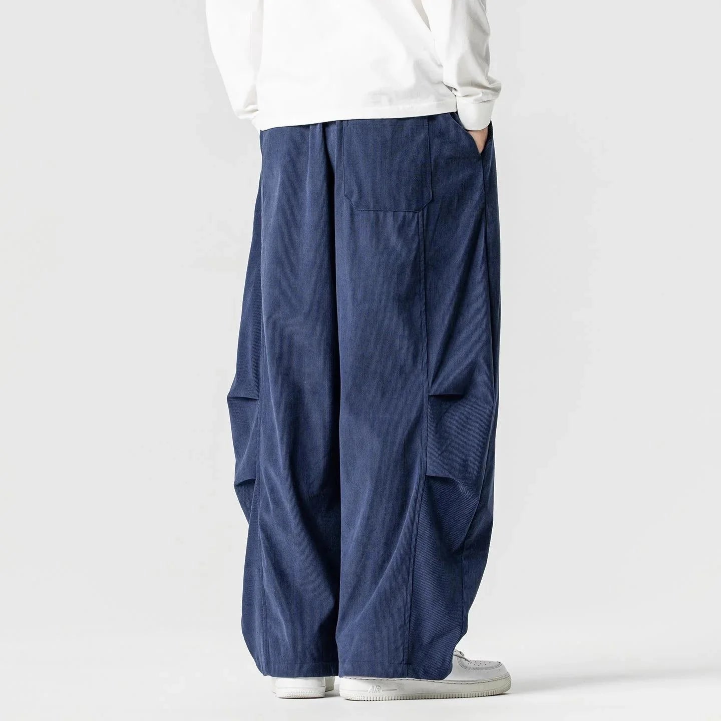 Navy Blue Men's Wide-Leg Corduroy Pants with Drawstring & Pleated Relaxed Fit — Beckett - Back Detail