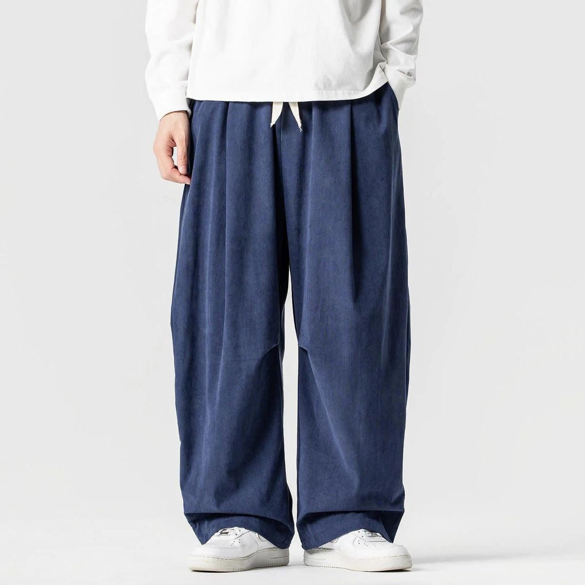 Navy Blue Men's Wide-Leg Corduroy Pants with Drawstring & Pleated Relaxed Fit
