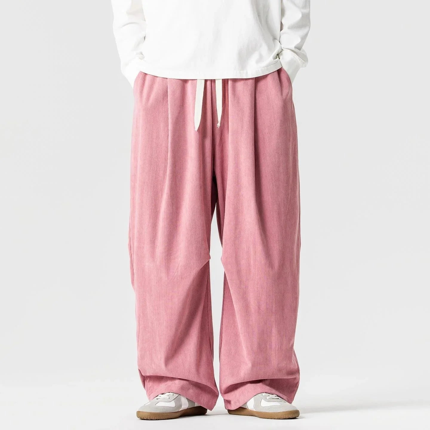 Pink Men's Wide-Leg Corduroy Pants with Drawstring & Pleated Relaxed Fit - Front Standing