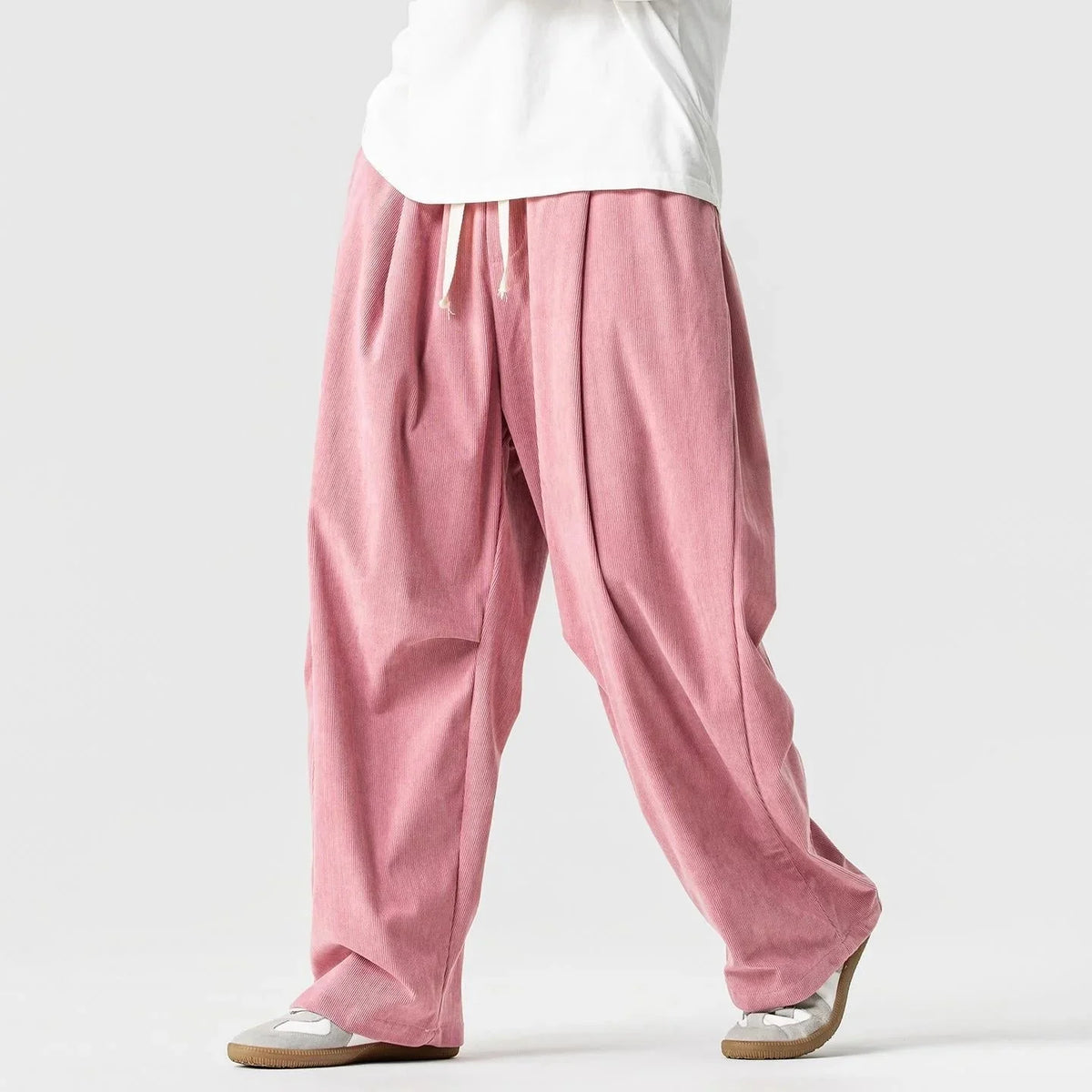Pink Men's Wide-Leg Corduroy Pants with Drawstring & Pleated Relaxed Fit — Beckett