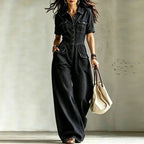 Black Women's Wide-Leg Denim Jumpsuit with Button-Front Closure & Cargo Pockets — Octavia