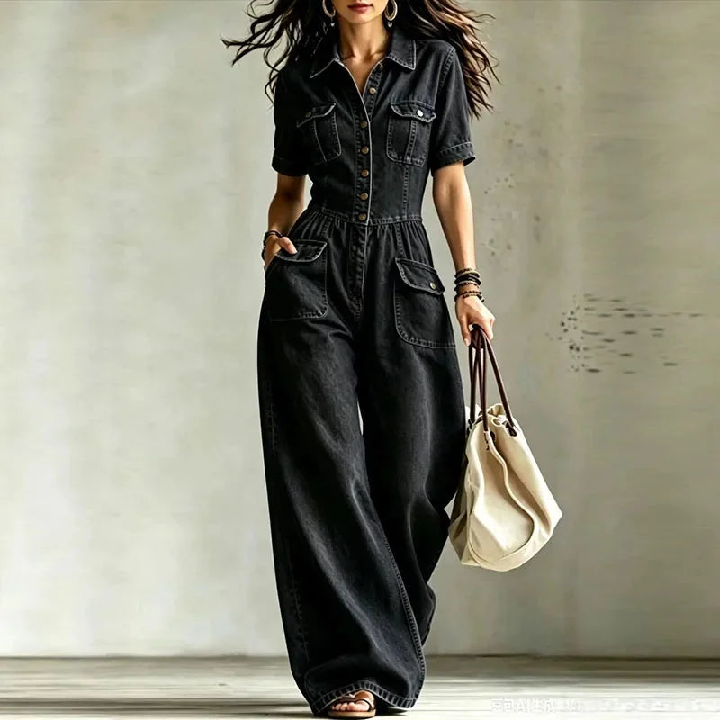 Black Women's Wide-Leg Denim Jumpsuit with Button-Front Closure & Cargo Pockets — Octavia