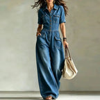 Blue Women's Wide-Leg Denim Jumpsuit with Button-Front Closure & Cargo Pockets — Octavia