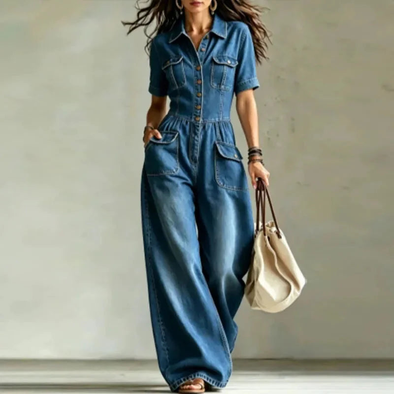 Blue Women's Wide-Leg Denim Jumpsuit with Button-Front Closure & Cargo Pockets — Octavia