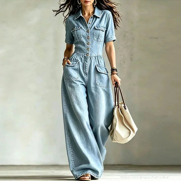 Light Blue Women's Wide-Leg Denim Jumpsuit with Button-Front Closure & Cargo Pockets — Octavia